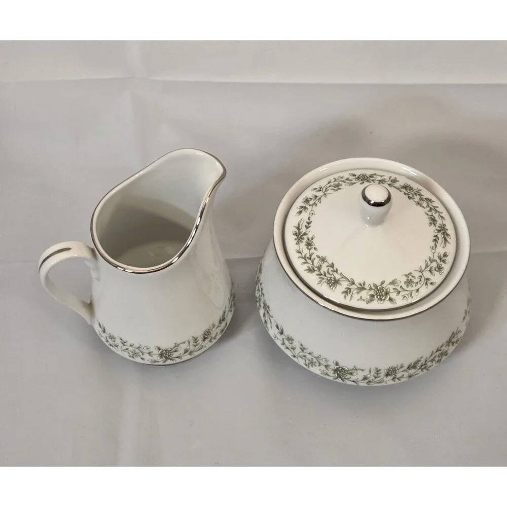 Vintage Mikasa Montclair G9059 Sugar Bowl w Lid & Creamer Set Japan Platinum‎